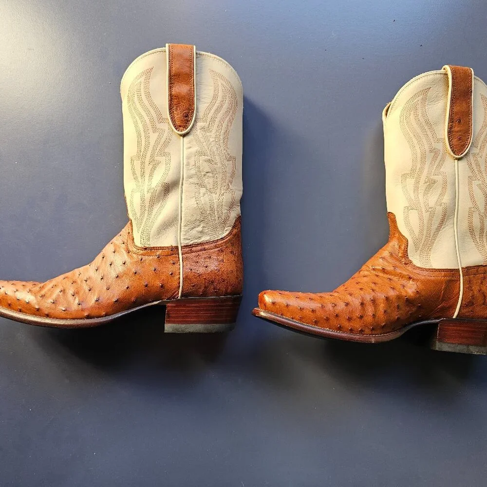 Tecova Men's Light Brown and White Ostrich Boots - Picture 1 of 3
